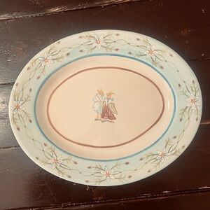 15” Hand Painted Springtime Rabbits and Flowers Oval Platter